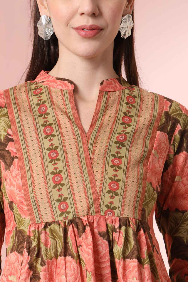 Orange Floral Printed Pure Cotton Tops