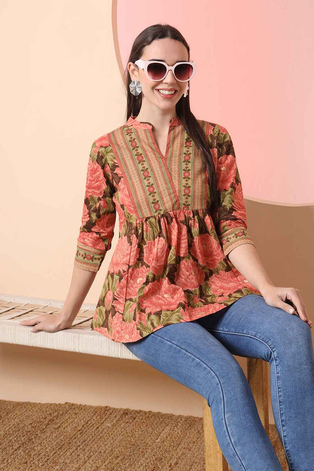 Orange Floral Printed Pure Cotton Tops