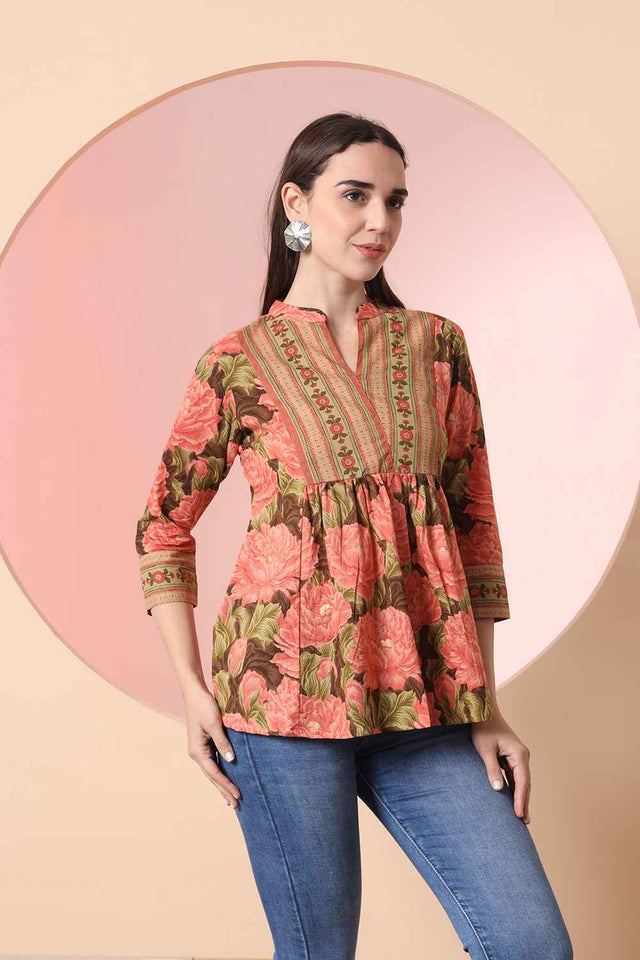 Orange Floral Printed Pure Cotton Tops