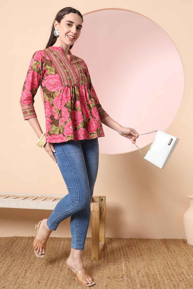 Pink Floral Printed Pure Cotton Tops