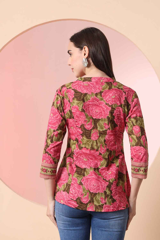 Pink Floral Printed Pure Cotton Tops