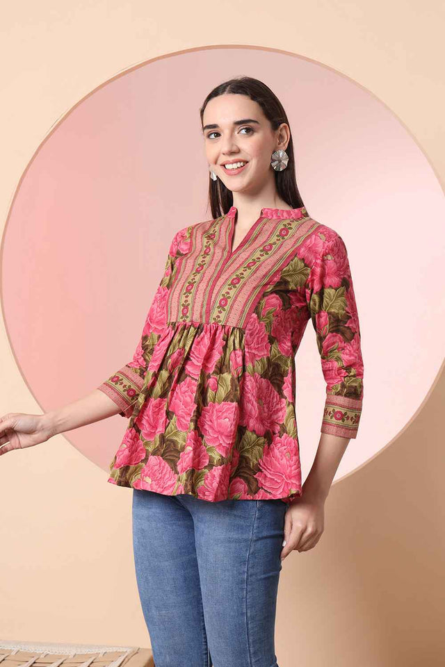 Pink Floral Printed Pure Cotton Tops