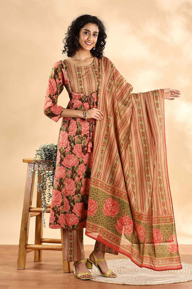 Orange Floral Printed Cotton Anarkali Suit Set
