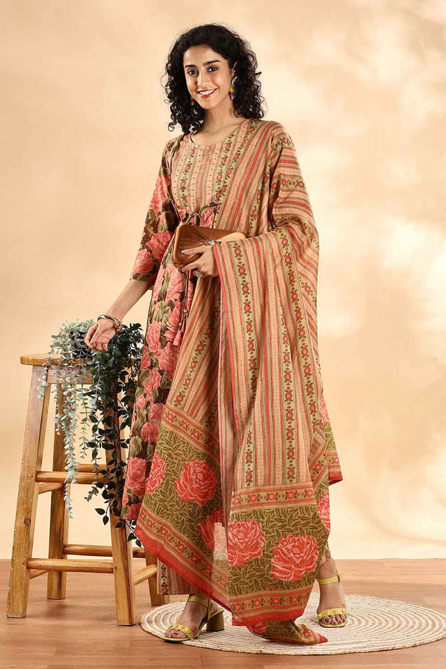Peach Floral Printed Cotton Anarkali Suit Set