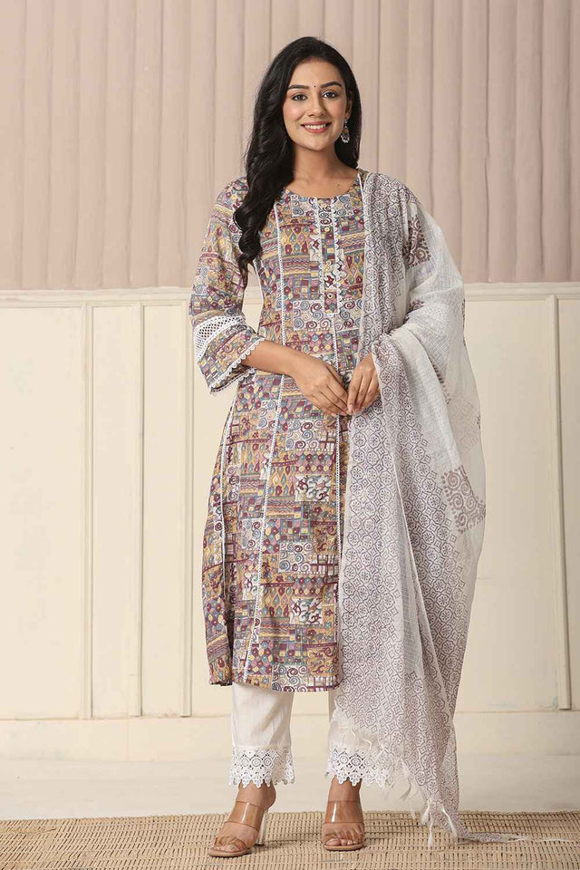 Beige Geometric Printed Cotton Anarkali Suit Set