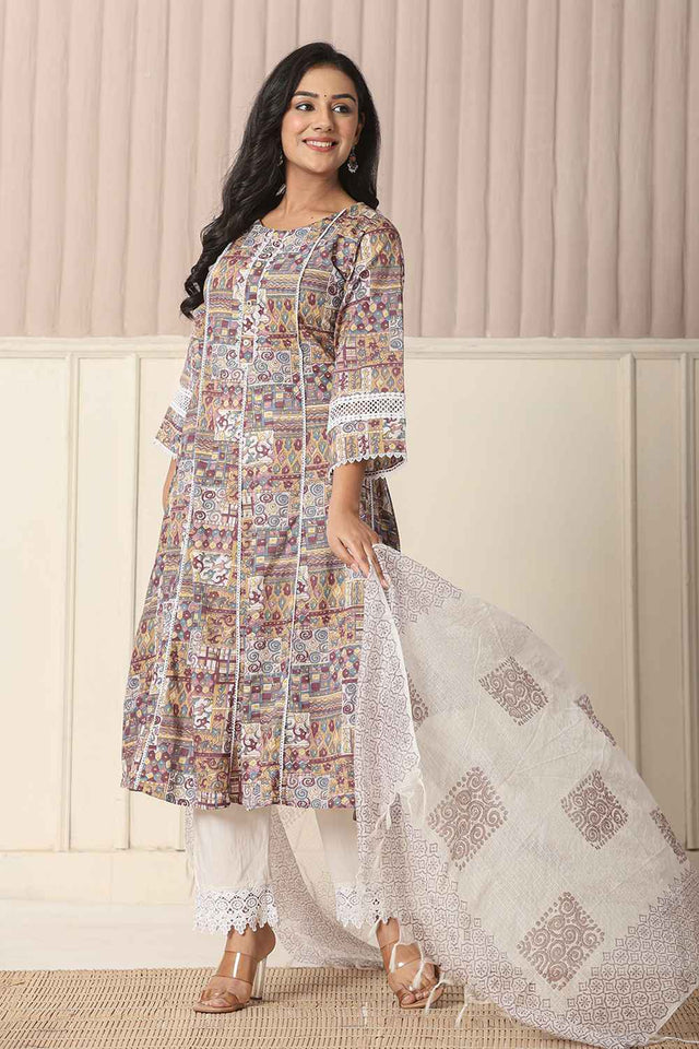 Beige Geometric Printed Cotton Anarkali Suit Set