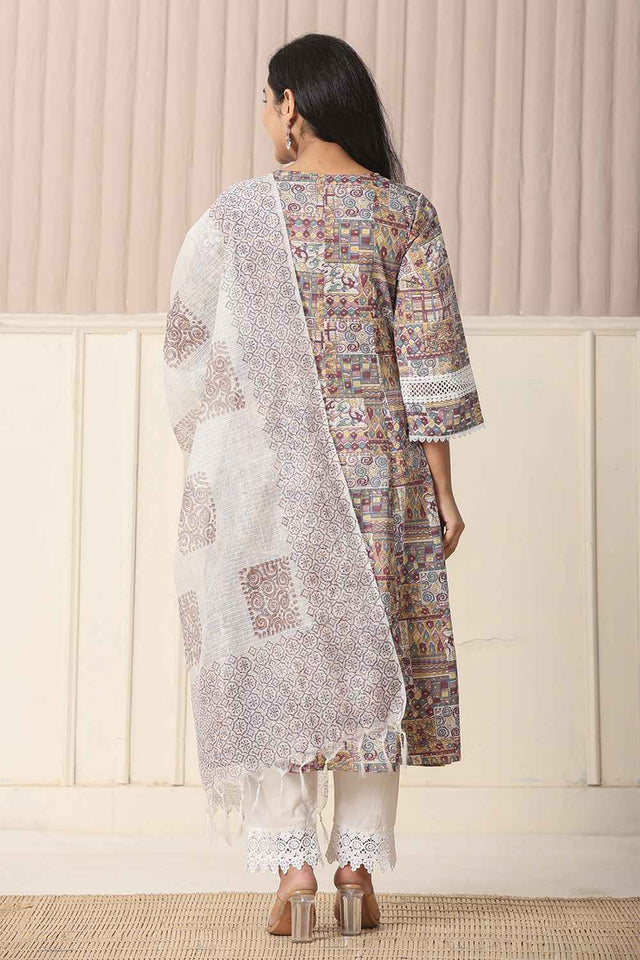 Beige Geometric Printed Cotton Anarkali Suit Set