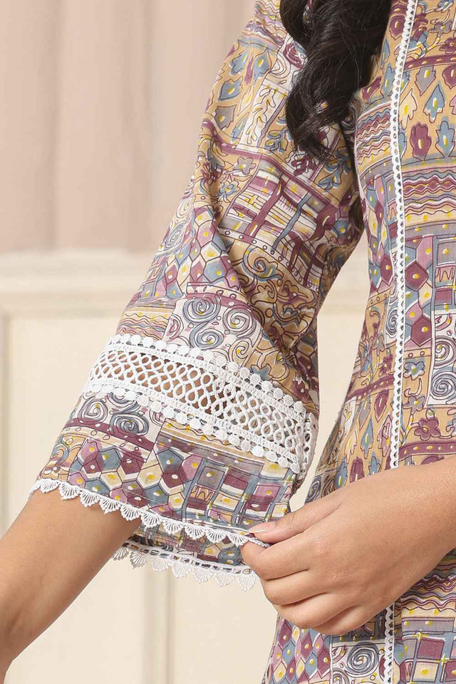 Beige Geometric Printed Cotton Anarkali Suit Set