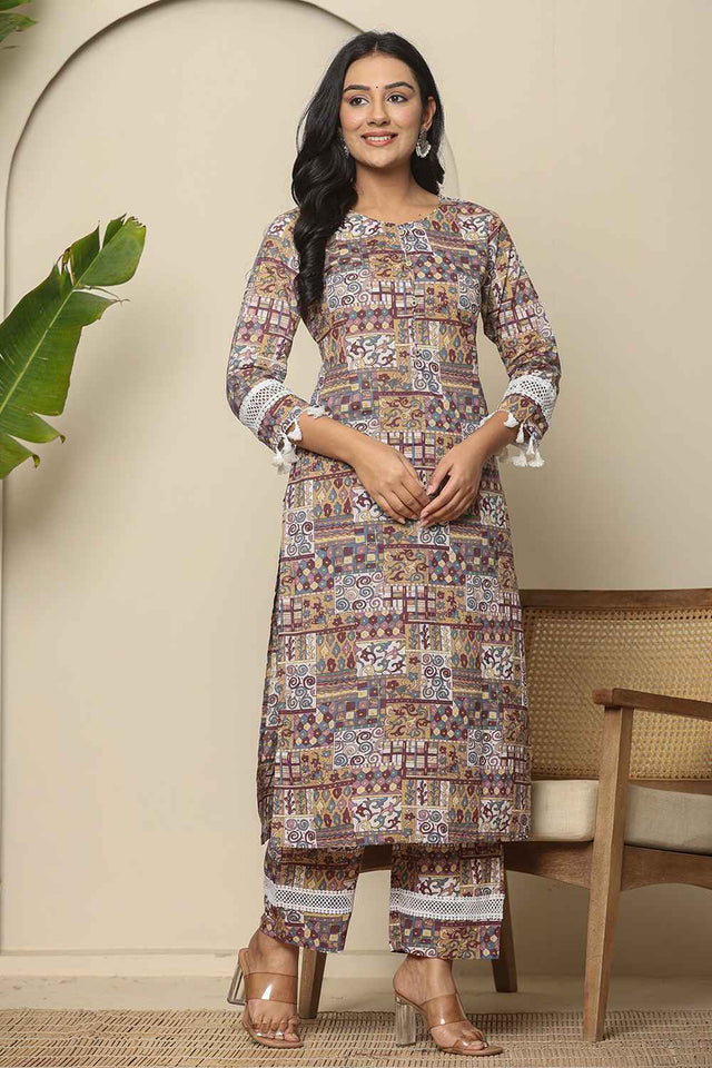 Beige Geometric Printed Cotton Kurti Pant Set