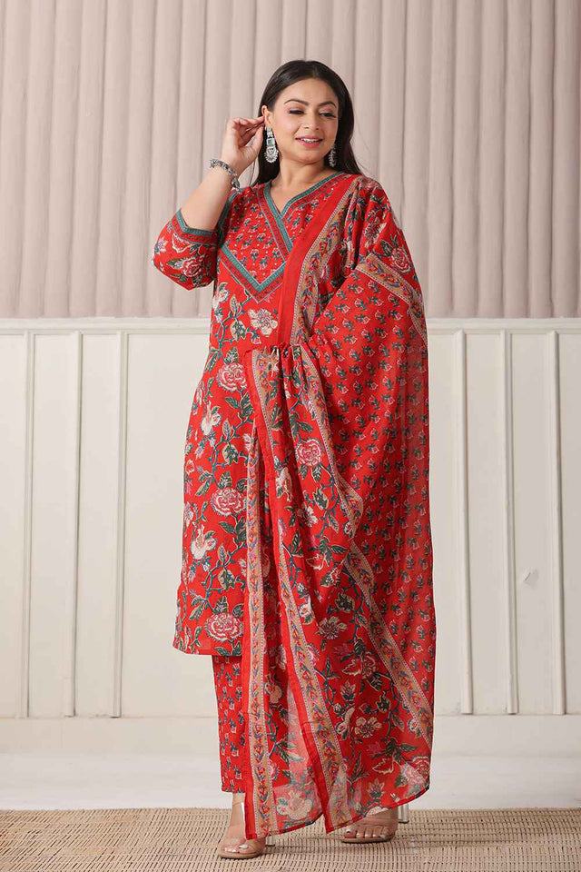Red Floral Printed Pure Cotton Kurti Pant Set