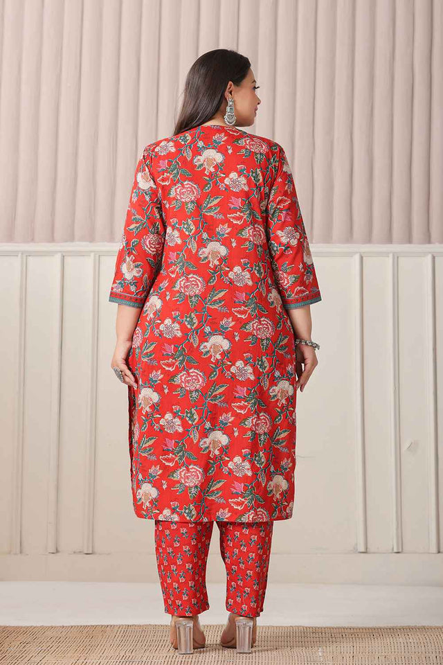 Red Floral Printed Pure Cotton Kurti Pant Set