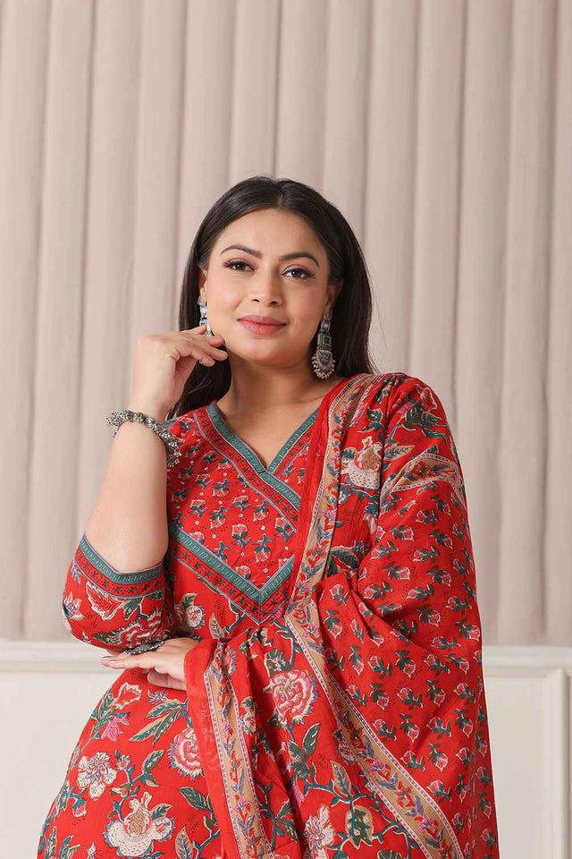 Red Floral Printed Pure Cotton Kurti Pant Set