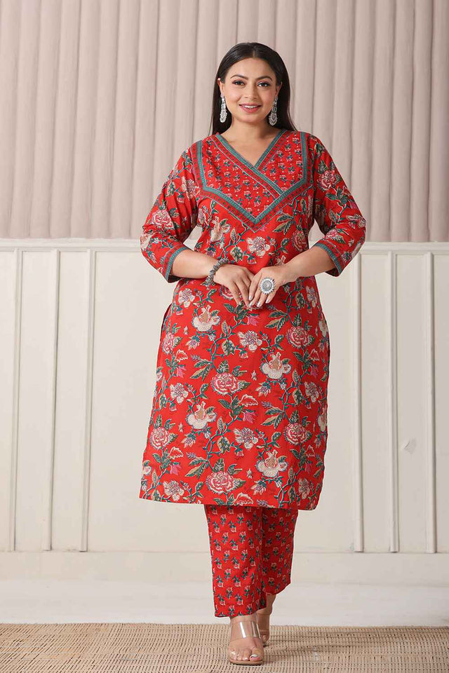 Red Floral Printed Pure Cotton Kurti Pant Set