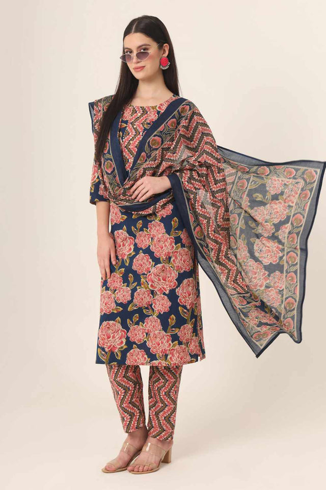 Blue Floral print Cotton Kurti Pant Set