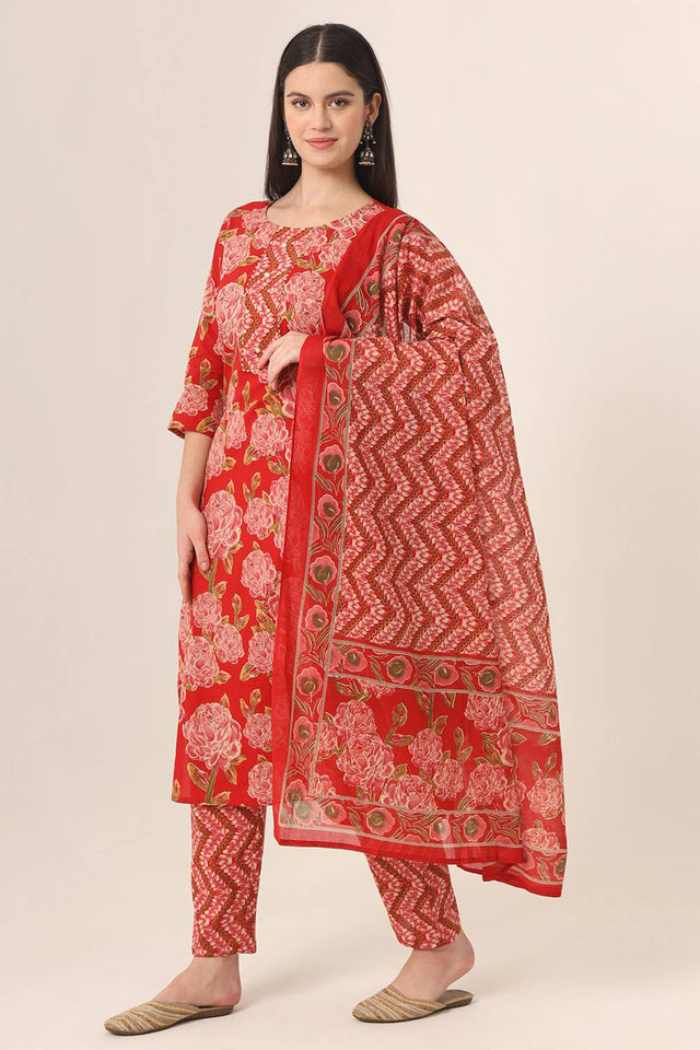 Red Floral Printed Cotton Straight Cut Suit Set