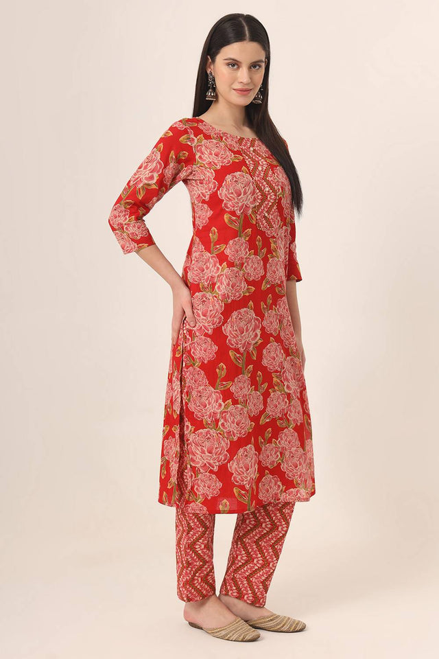 Red Floral Printed Cotton Straight Cut Suit Set