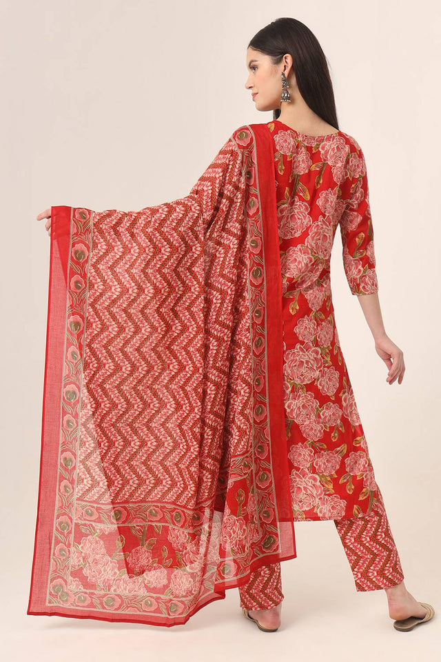Red Floral Printed Cotton Straight Cut Suit Set