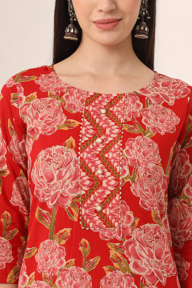 Red Floral Printed Cotton Straight Cut Suit Set