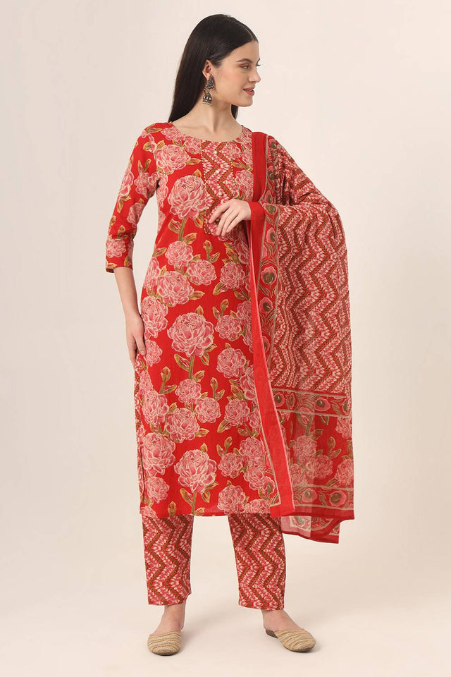 Red Floral Printed Cotton Straight Cut Suit Set