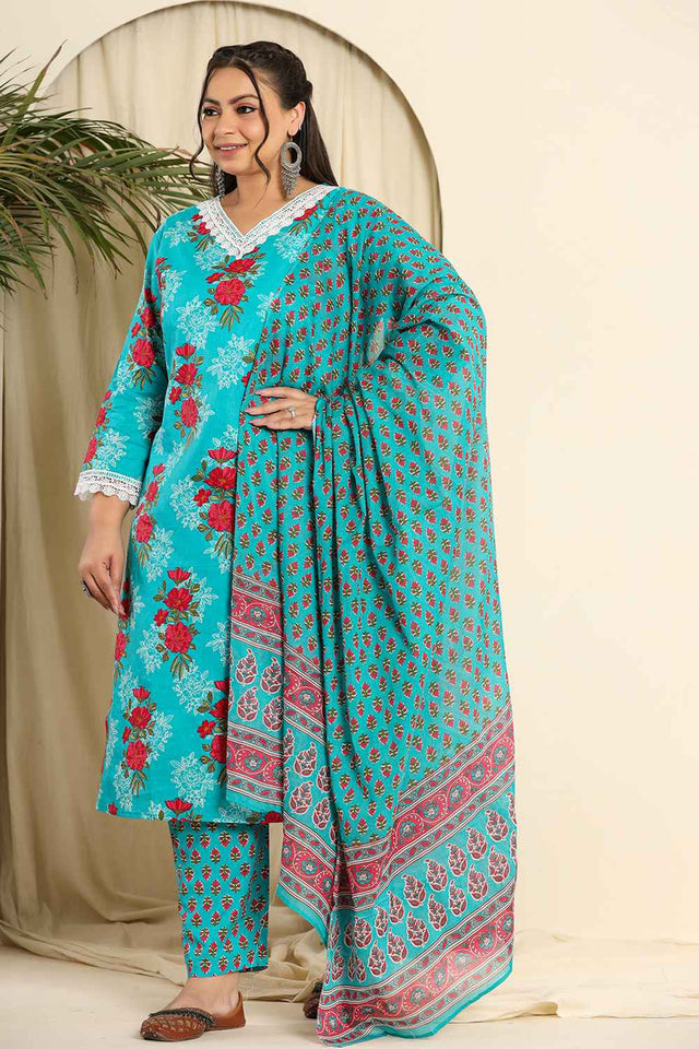 Blue Floral Printed Pure Cotton Kurti Pant Set