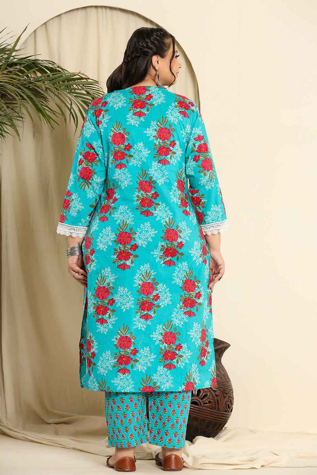 Blue Floral Printed Pure Cotton Kurti Pant Set