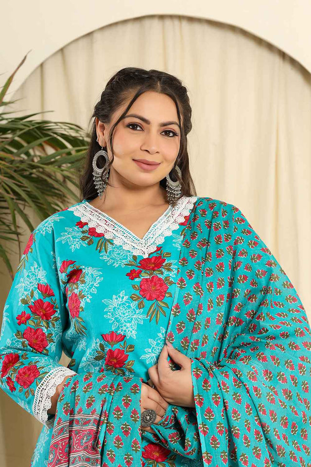 Blue Floral Printed Pure Cotton Kurti Pant Set