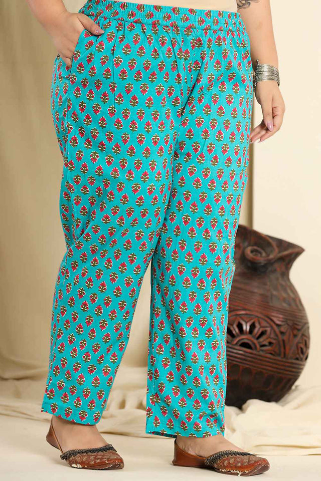 Blue Floral Printed Pure Cotton Kurti Pant Set