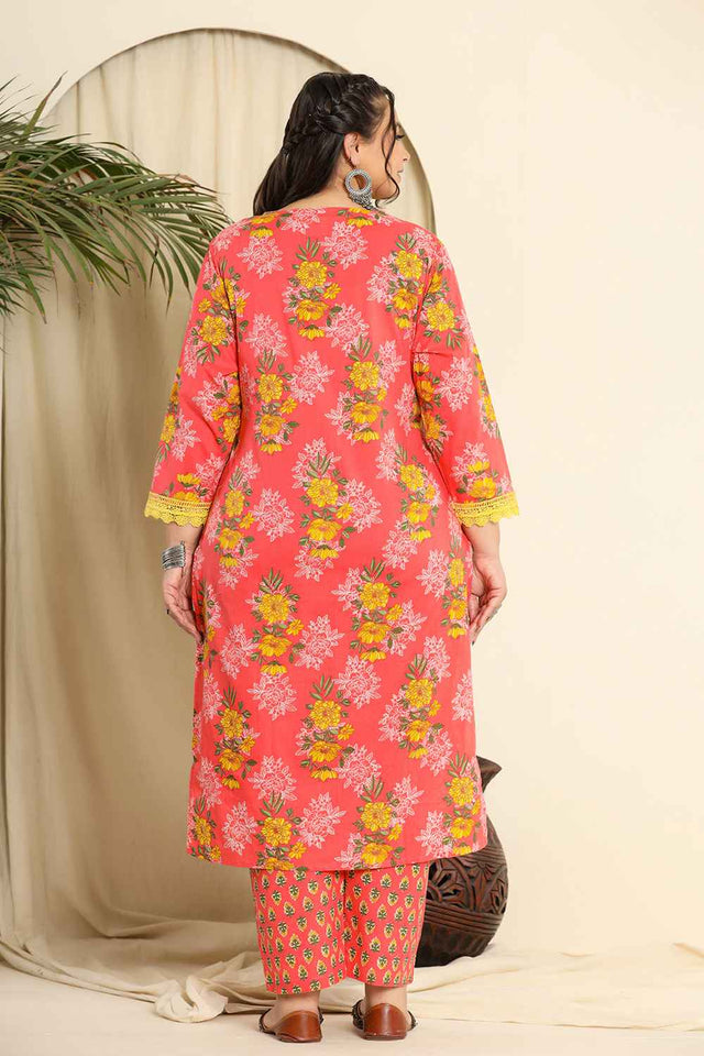 Pink Floral Printed Pure Cotton Kurti Pant Set