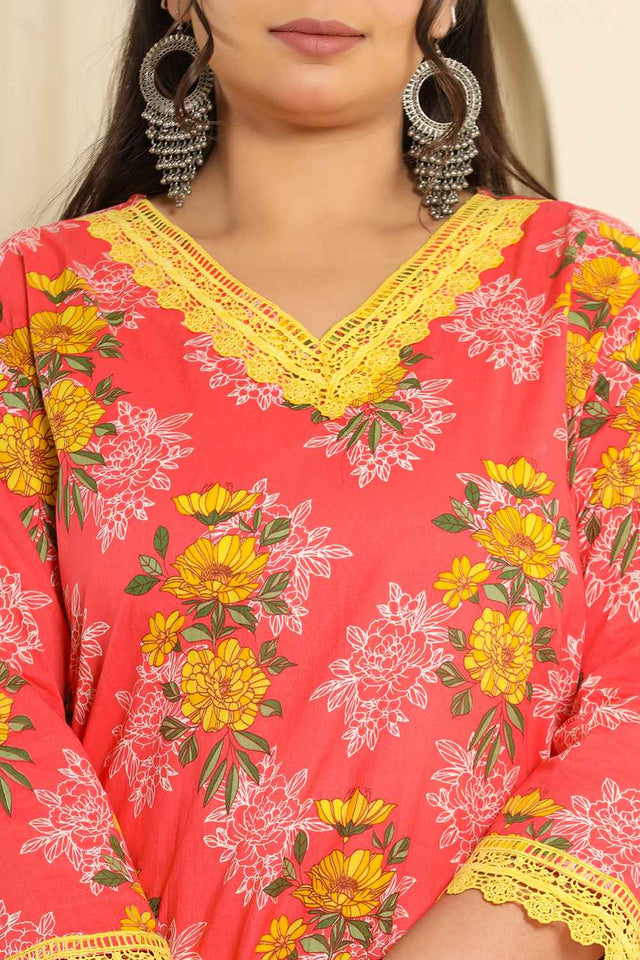 Pink Floral Printed Pure Cotton Kurti Pant Set