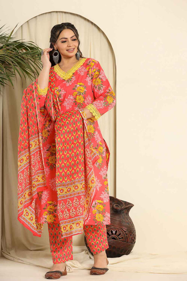 Pink Floral Printed Pure Cotton Kurti Pant Set