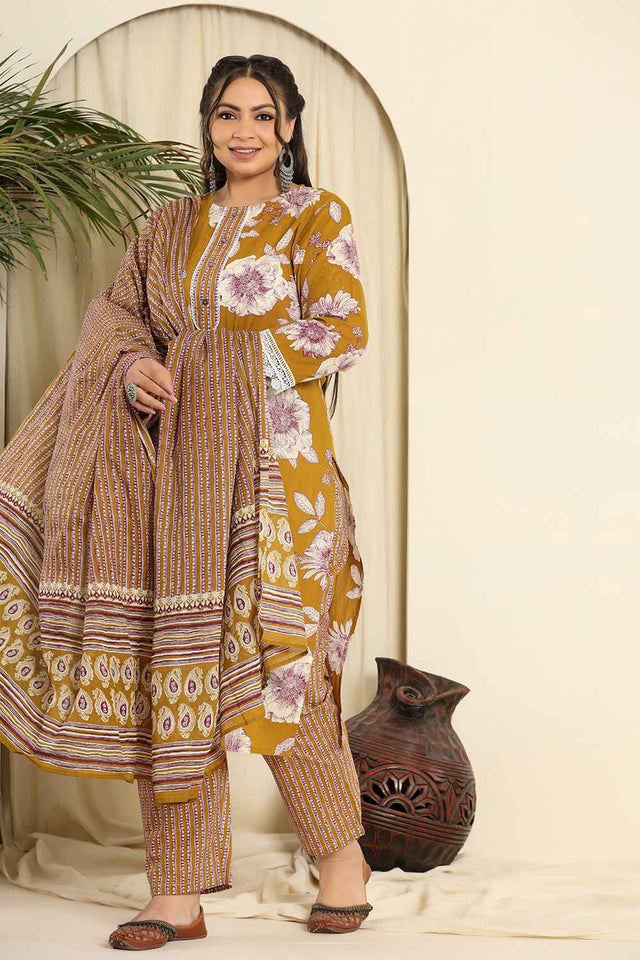 Mustard Floral Printed Pure Cotton Kurti Pant Set (6262PSKDMS)