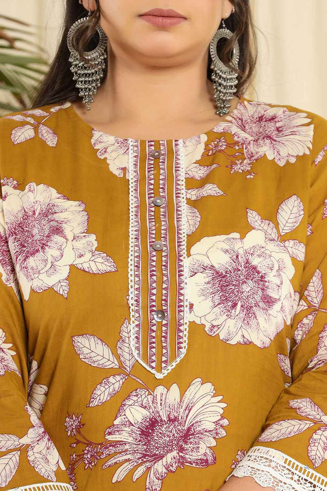 Mustard Floral Printed Pure Cotton Kurti Pant Set (6262PSKDMS)