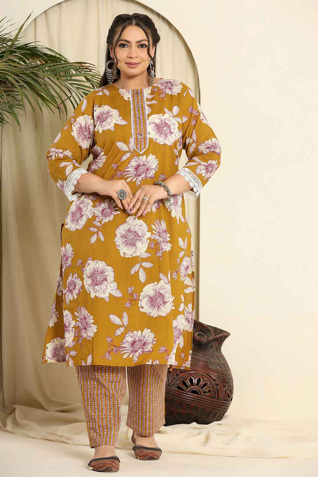 Mustard Floral Printed Pure Cotton Kurti Pant Set (6262PSKDMS)