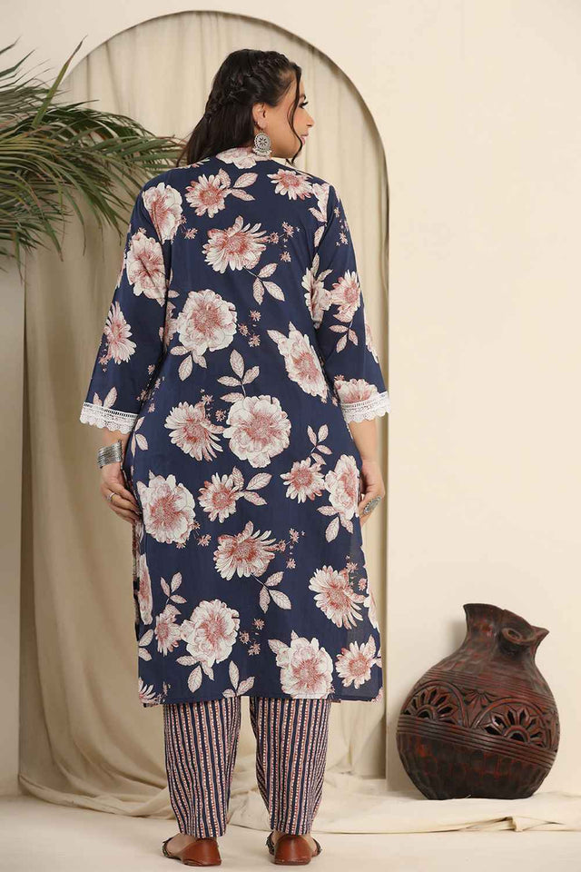 Blue Floral Printed Pure Cotton Kurti Pant Set
