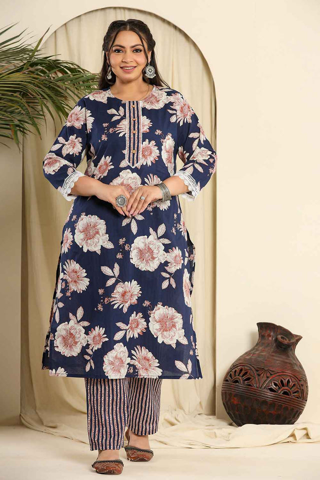 Blue Floral Printed Pure Cotton Kurti Pant Set