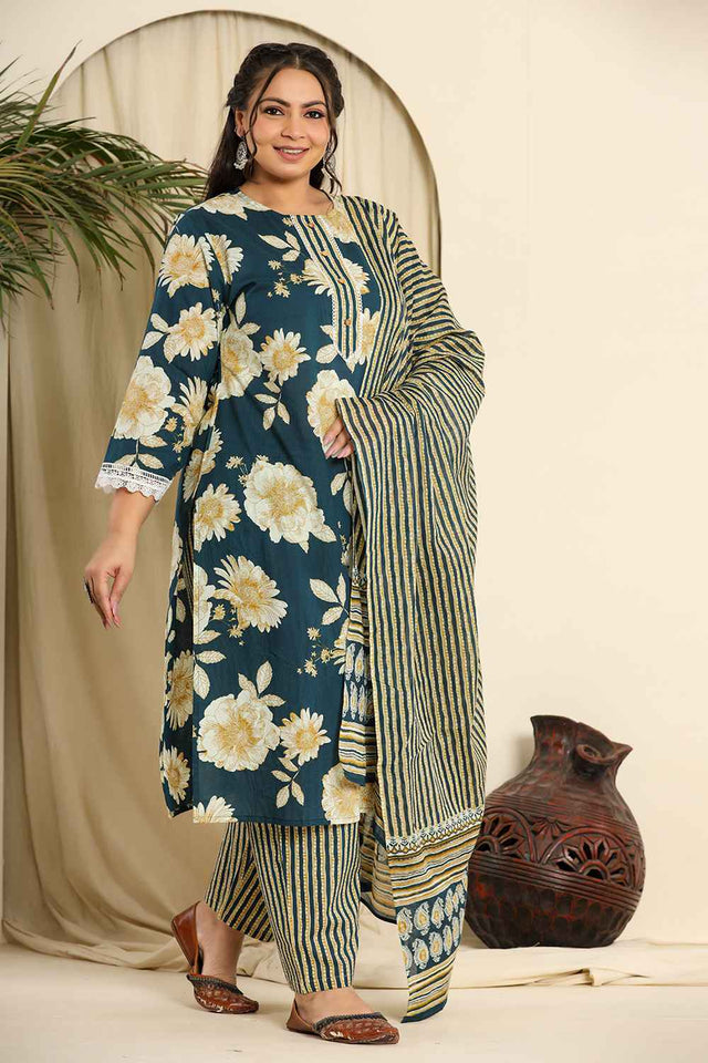 Turquoise Floral Printed Pure Cotton Kurti Pant Set