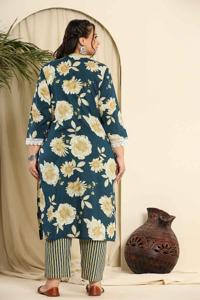 Turquoise Floral Printed Pure Cotton Kurti Pant Set