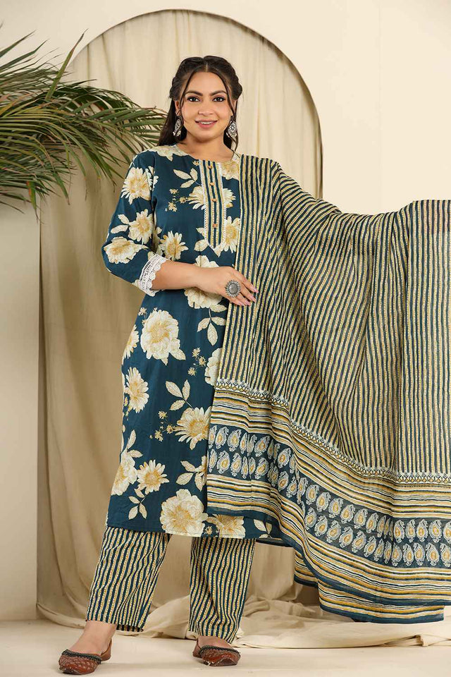 Turquoise Floral Printed Pure Cotton Kurti Pant Set