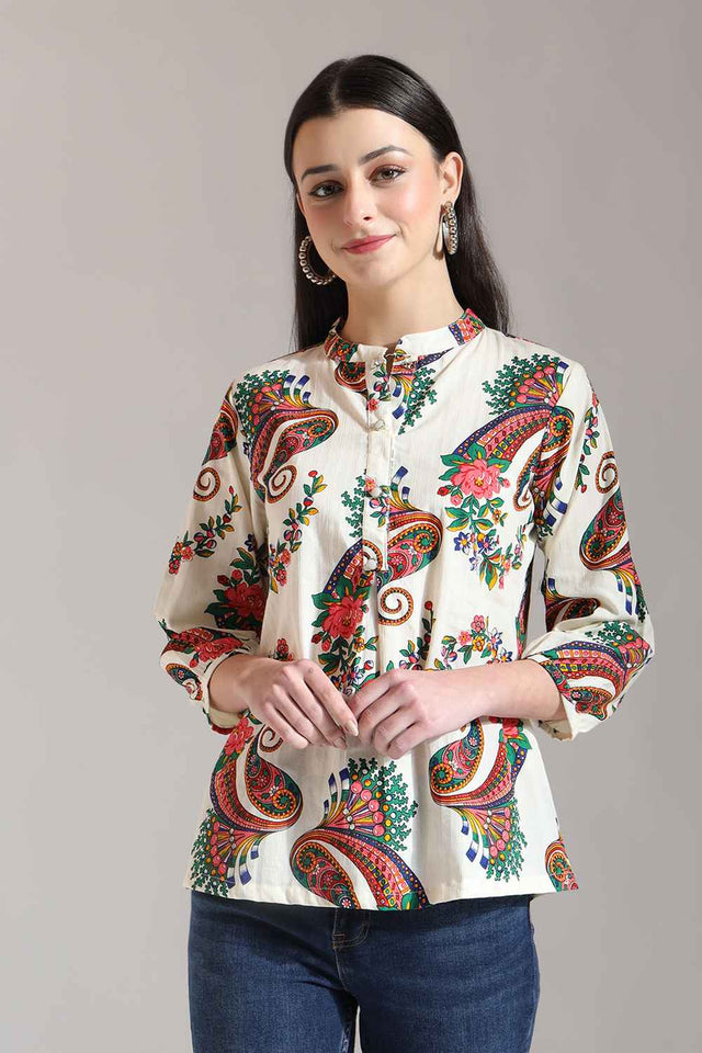 Beige Paisley Printed Pure Cotton Tops