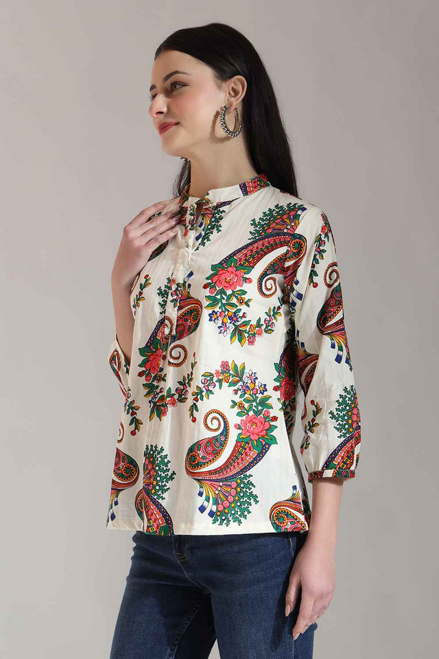 Beige Paisley Printed Pure Cotton Tops