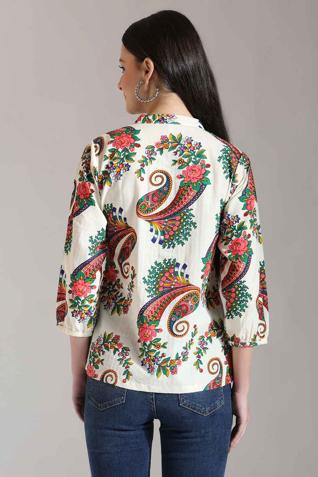 Beige Paisley Printed Pure Cotton Tops