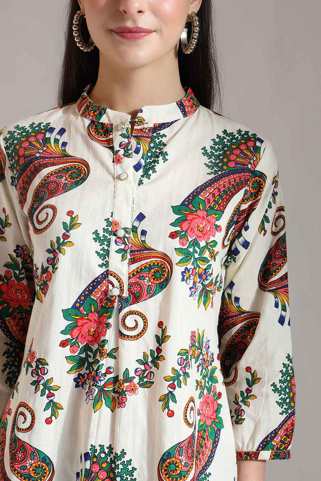 Beige Paisley Printed Pure Cotton Tops