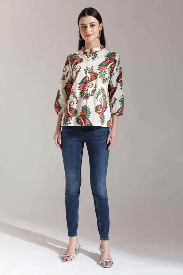 Beige Paisley Printed Pure Cotton Tops