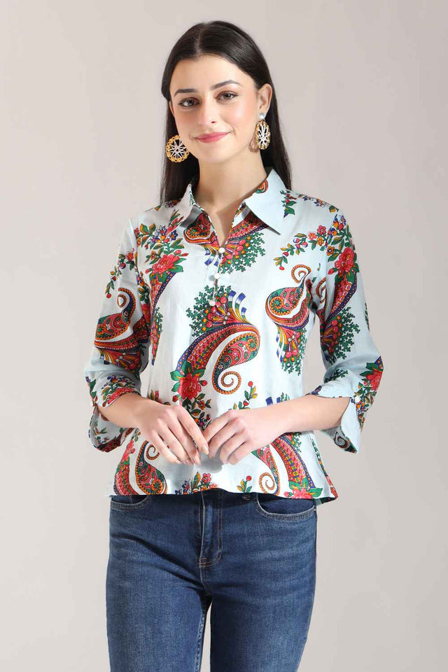 Blue Paisley Printed Pure Cotton Tops