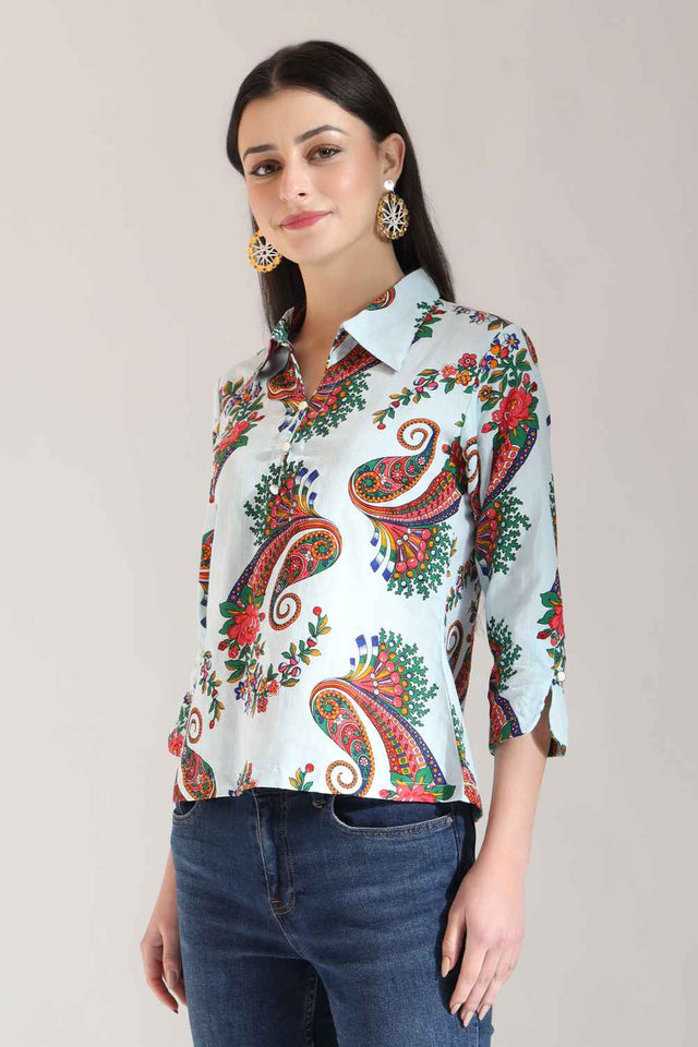 Blue Paisley Printed Pure Cotton Tops