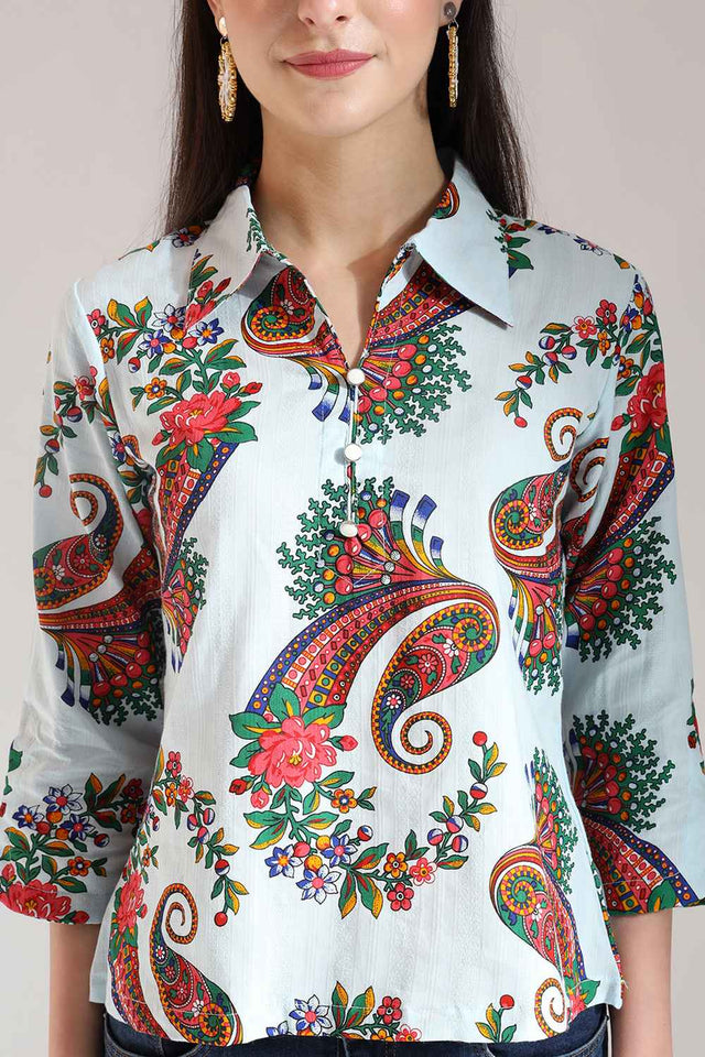 Blue Paisley Printed Pure Cotton Tops