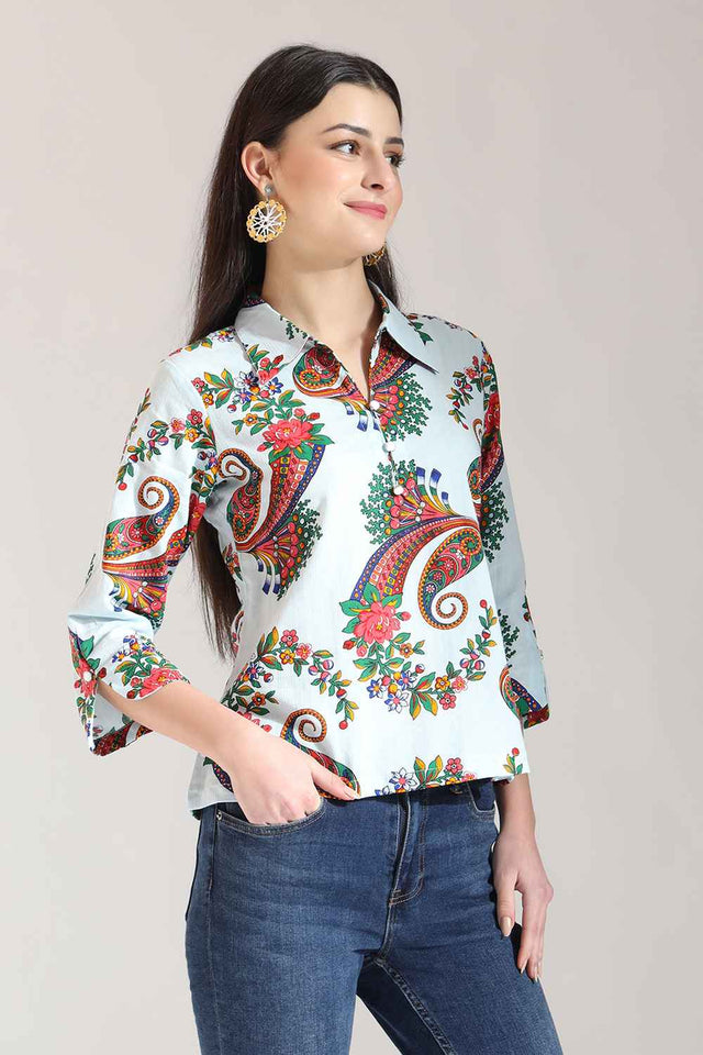 Blue Paisley Printed Pure Cotton Tops