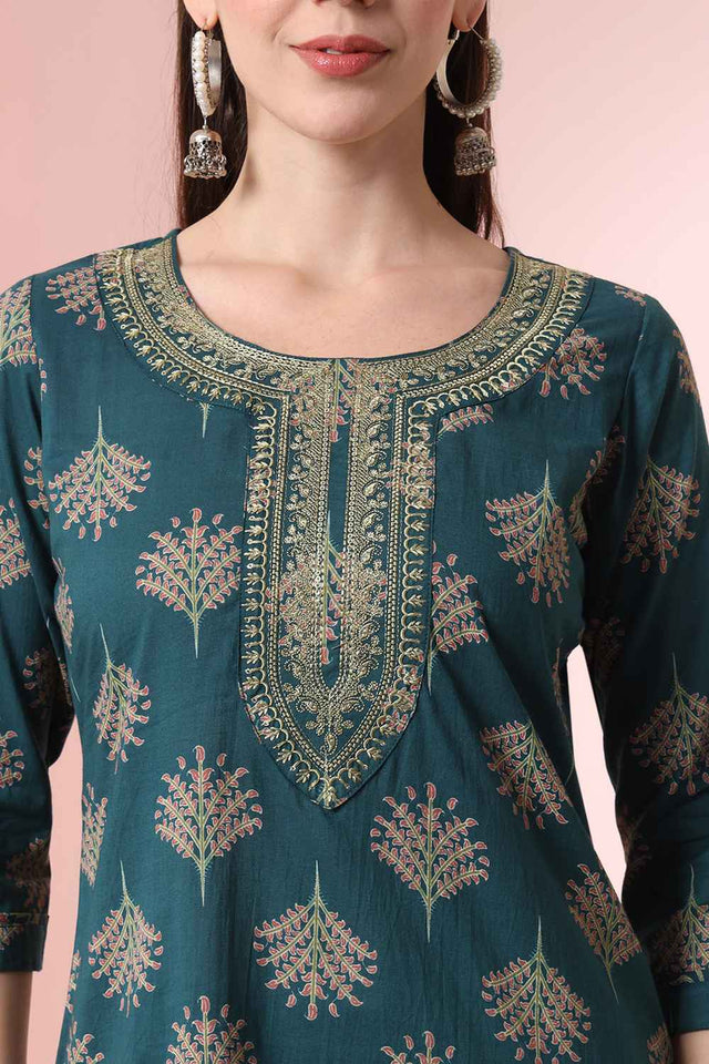Green Floral Printed Cotton Kurti Pant Set