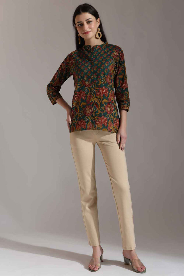 Green Floral Printed Pure Cotton Tops