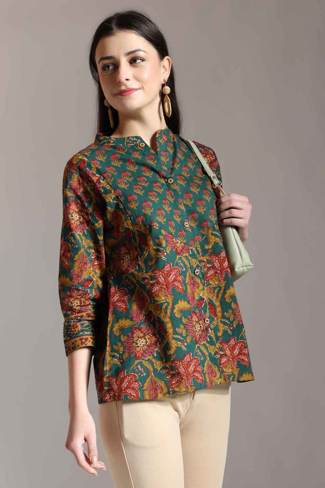 Green Floral Printed Pure Cotton Tops